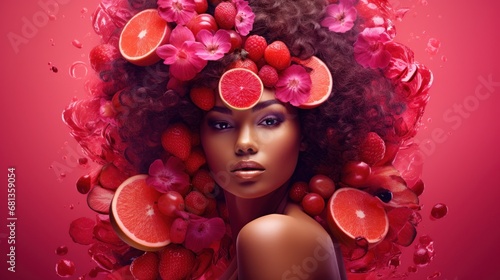 A woman with blue hair surrounded by pink hearts and citrus slices, embodying a blend of love and vitality, ideal for creative beauty campaigns. photo