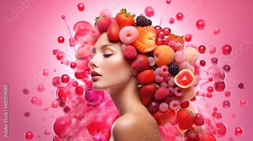 Surreal beauty portrait with a vibrant explosion of fruits and berries, perfect for health and vitality themes. © StockWorld