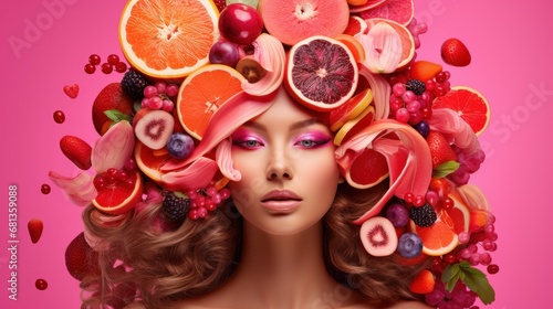 A model with a fruit and flower headpiece on a pink backdrop, perfect for vibrant health and beauty projects.