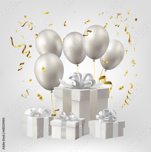 White gift boxes with silver balloons and confetti. Vector illustration.