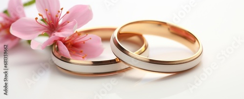Gold wedding bands with a delicate cherry blossom, symbolizing love and spring weddings.