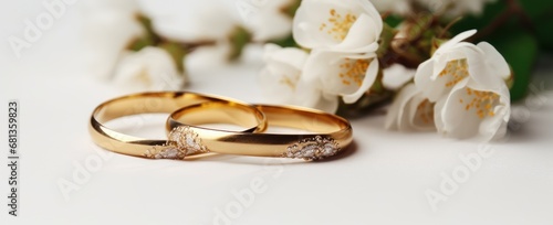 Elegant gold wedding bands beside white flowers, symbolizing love and marriage. © StockWorld