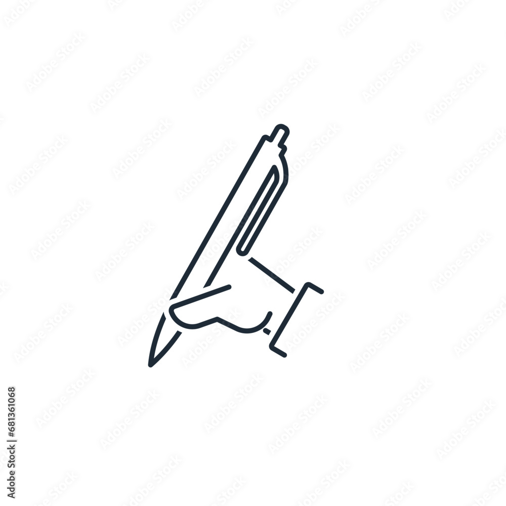 Pen in hand. Write. Vector linear illustration icon isolated on white background. Pen in hand. Write. Vector linear illustration icon isolated on white background.