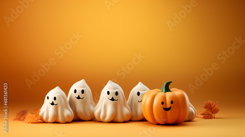 halloween pumpkin background generated by AI Halloween pumpkins, plastic toys on orange background. Jack-O-Lantern for Halloween celebration, Happy Halloween concept. Traditional october holiday. Autu