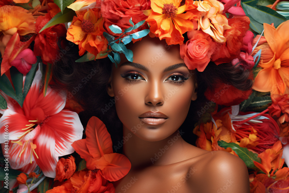 色とりどりの花に囲まれたモデルのアフリカ系アメリカ人美女 色とりどりの花に囲まれたモデルのアフリカ系アメリカ人美女