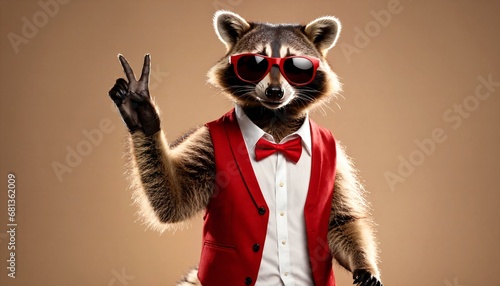 A Funny Raccoon In Red Sunglasses Showing A Rock Gesture beige background. Creative animal concept. 