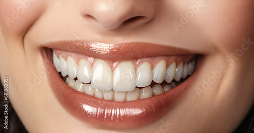 a close up photo of the lower part of a female face. beautiful cute smile with very clean perfect teeth. dental service advertisement concept