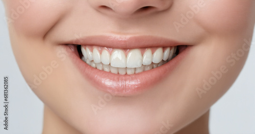 a close up photo of the lower part of a female face. beautiful cute smile with very clean perfect teeth. dental service advertisement concept
