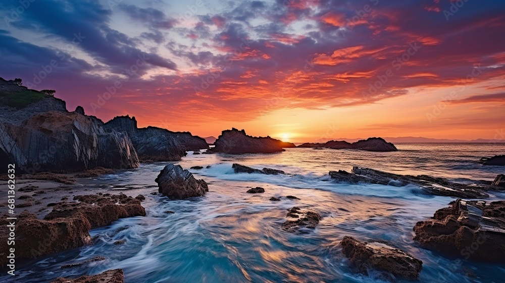 At sunrise or sunset, stunning clouds may be seen over the cliffs and rocks at Indrayanti Beach in Yogyakarta, Gunung Kidul, Indonesia..