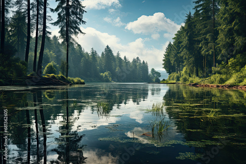 Serene Lake with Reflective Trees Surrounding - Generative Ai