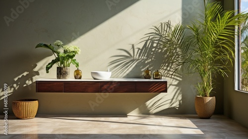The bathroom vanity and area are modern and minimalistic, with a brown matte cement wall featuring a leafy shadow and a green tropical bamboo palm tree that catches the sunshine. .