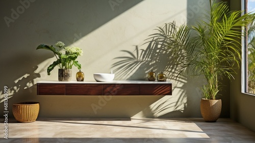 The bathroom vanity and area are modern and minimalistic, with a brown matte cement wall featuring a leafy shadow and a green tropical bamboo palm tree that catches the sunshine. . © Sawitree88