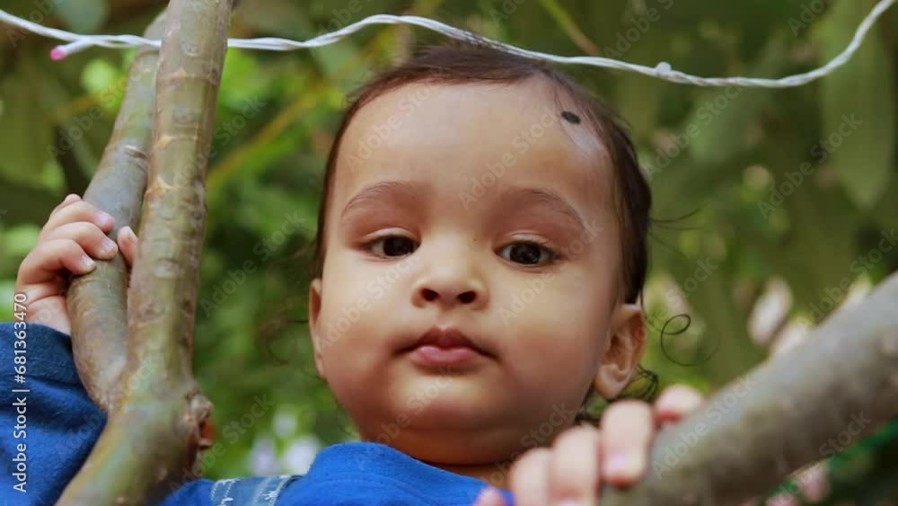 innocent infant holding tree branch with cute facial expression at day from flat angle innocent infant holding tree branch with cute facial expression at day from flat angle