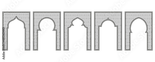 Islamic frame with arch and ornament. Ramadan gate on geometric background for wedding invitation design. Vector oriental decorations set. photo