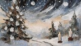  ハッピーホリデー　夜空とモミの木　油彩　イラスト