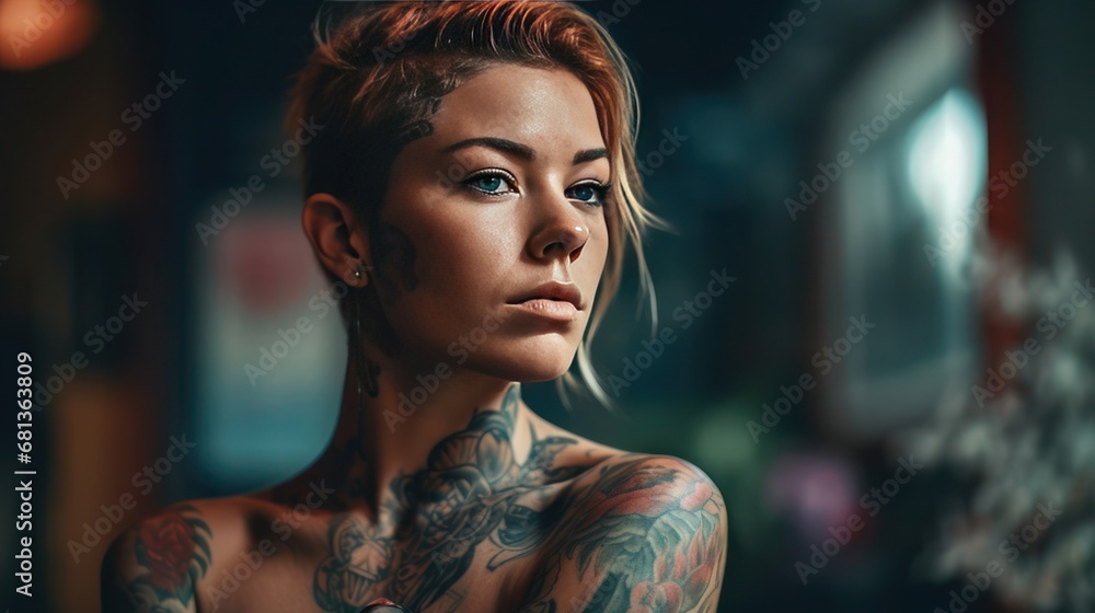 Expressive brooding girl with numerous visible tattoos Expressive brooding girl with numerous visible tattoos