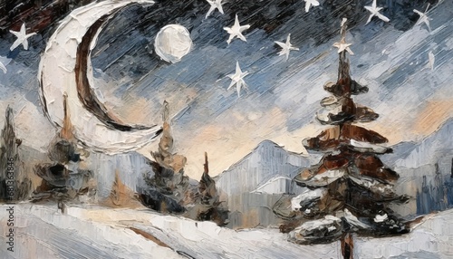 happy holiday, merry christmas, moonlit night, oil painting, illustration © moto
