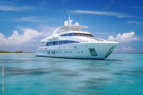 Luxurious yachts at amazing waters in background of beautiful sky and sea. Lifestyle concept of holiday and vacation. © cwa