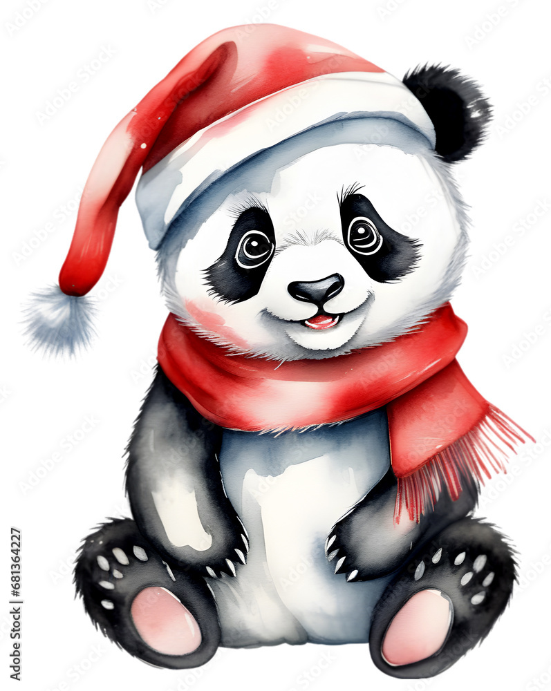 Watercolor Christmas cute panda Clipart, cute panda wearing a Christmas beanie and a red scarf. Watercolor Christmas cute panda Clipart, cute panda wearing a Christmas beanie and a red scarf.