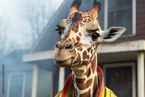 giraffe in a firefighter uniform a hose onto a burning building he has a determined look on his face and he is clearly focused on saving lives © Ingenious Buddy 