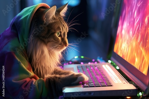 a cat writer typing on a laptop photo