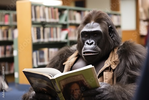 an anthropomorphic gorilla reading a book at the library