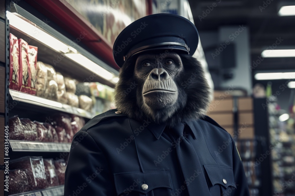 chimpanzee security guard keeping watch over a store entrance