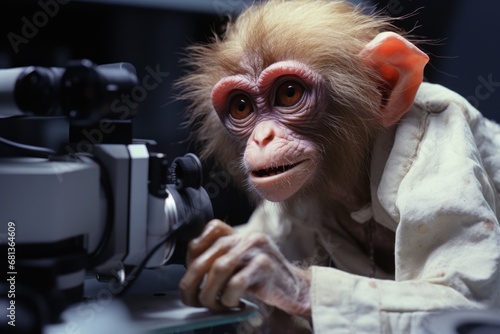 an anthropomorphic monkey using a microscope