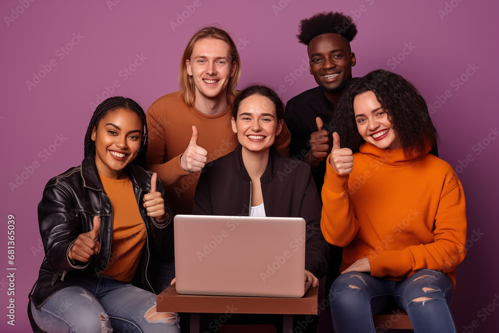 Group of five friends showing thumps up Three women and two men in isolated purple background laughing and enjoying their time using laptop. Group of five friends showing thumps up Three women and two men in isolated purple background laughing and enjoying their time using laptop.
