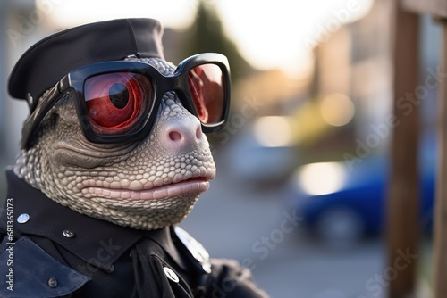 anthropomorphic chameleon in a police uniform blends in with its surroundings while investigating a crime photo