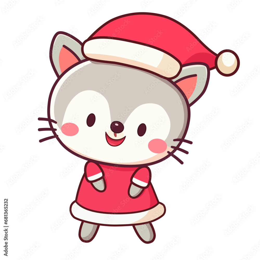 Naklejka premium Cute kitten standing in red Santa hat and dress. smile happy cat. Christmas cartoon vector illustration.