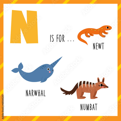 Learning English alphabet for kids. Letter N. Cute cartoon newt narwhal numbat.