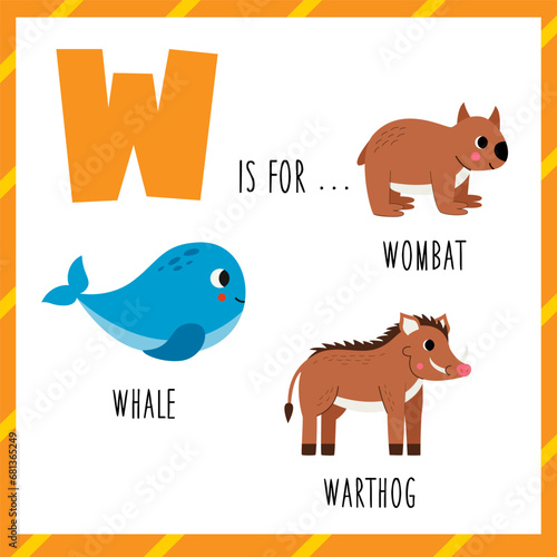  Learning English alphabet for kids. Letter w. Cute cartoon whale wombat warthog.