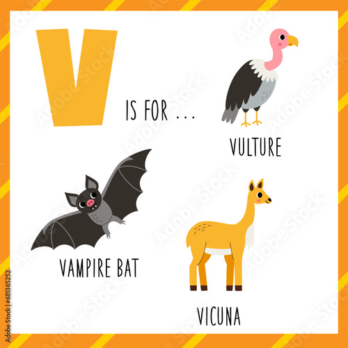  Learning English alphabet for kids. Letter V. Cute cartoon vulture, vampire bat, vicuna.
