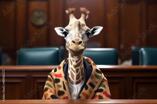 anthropomorphic giraffe in a judge robe presides over a trial in a courtroom © Ingenious Buddy 