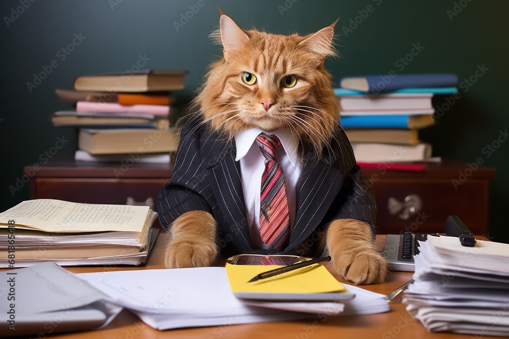 cat accountant wearing a suit and tie sitting at a desk