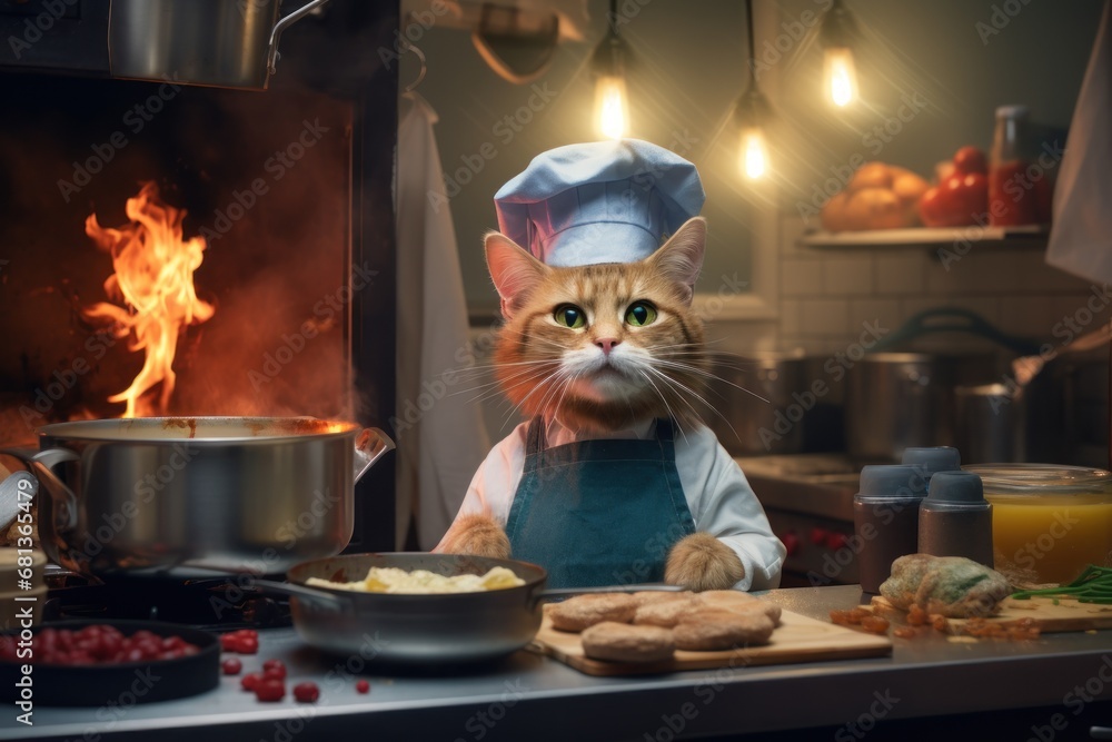 anthropomorphic cat working as a chef in a kitchen the cat is wearing a chefs hat and is cooking food