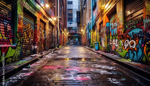 Narrow streets in the city, full of colorful painted murals and graffiti