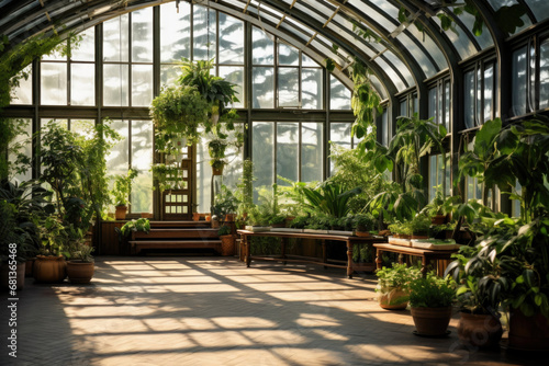 Plants inside a historic greenhouse. Fresh plants, tropical jungle and palms