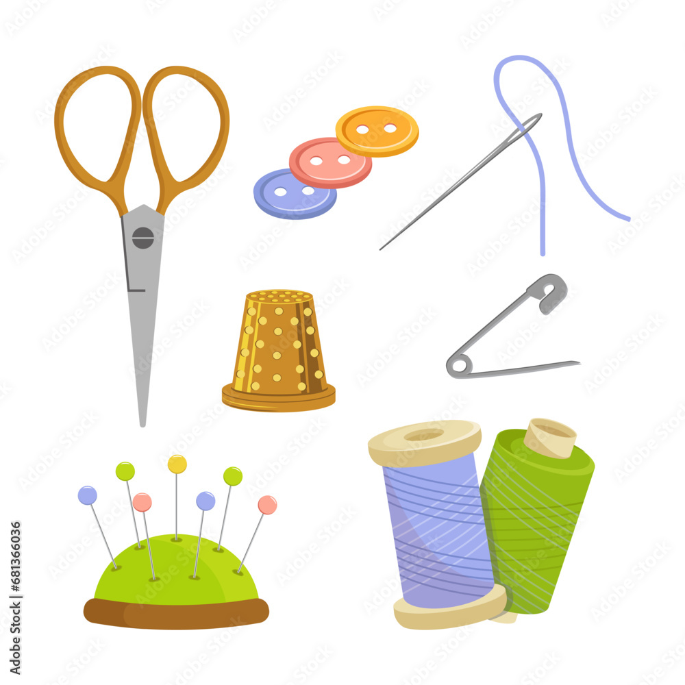 Needlework tools set. Handmade Kit scissors, spools of thread, buttons, needles in needle bar, thimble, pin. Hobby tools flat vector