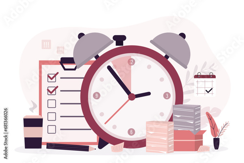 Checklist paper, to do list. Time management, concept. Alarm watch with deadline, last call. Planning and scheduling. Effective workflow, paperwork, office day and deadline.