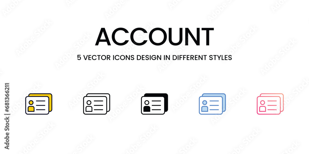 Account Icon Design in Five style with Editable Stroke. Line, Solid, Flat Line, Duo Tone Color, and Color Gradient Line. Suitable for Web Page, Mobile App, UI, UX and GUI design. Account Icon Design in Five style with Editable Stroke. Line, Solid, Flat Line, Duo Tone Color, and Color Gradient Line. Suitable for Web Page, Mobile App, UI, UX and GUI design.