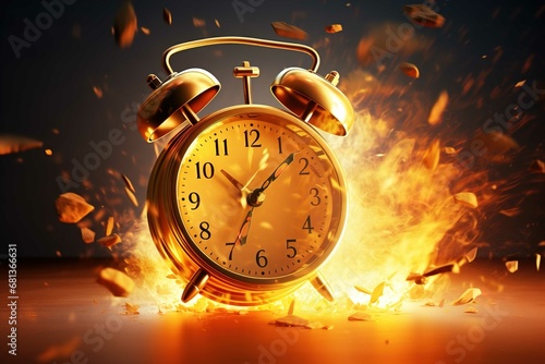 Alarm clock with lightning flying stock photo, in the style of rendered in unreal engine, orange and gold