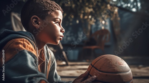 A young basketball player on the bench thinking about tactics until the final victory photo