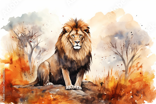 a lion in nature in watercolor art style
