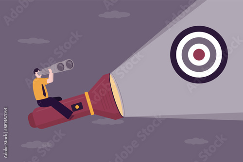Businessman fly on handle torch and uses binoculars. Flashlight shining light on target reveal guidance to entrepreneur in dark. Discover direction to goals, leadership, photo
