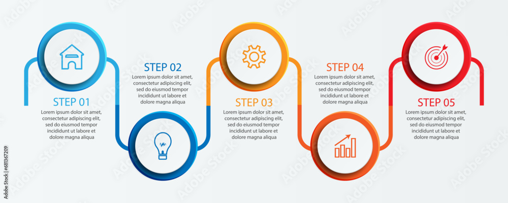 Simple infographic 5 parts or options, simple design with colored circles and lines. icons, text and numbers, for presentations, flow diagrams and your business Simple infographic 5 parts or options, simple design with colored circles and lines. icons, text and numbers, for presentations, flow diagrams and your business