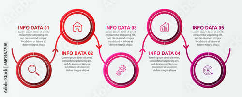 Simple infographic 5 parts or options, simple design with colored circles and lines. icons, text and numbers, for presentations, flow diagrams and your business