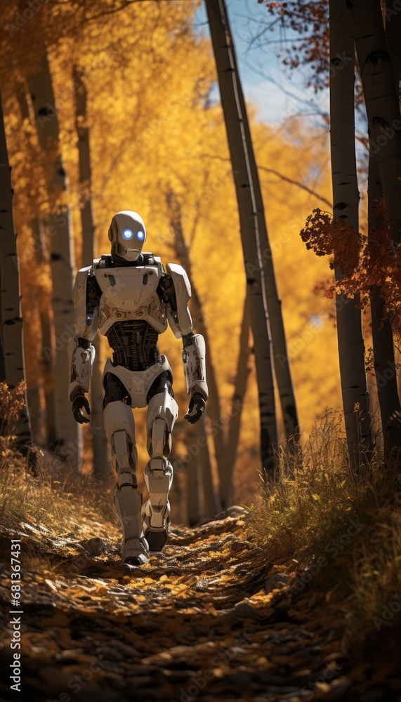 Fototapeta premium android robot strolling down a trail through the forest