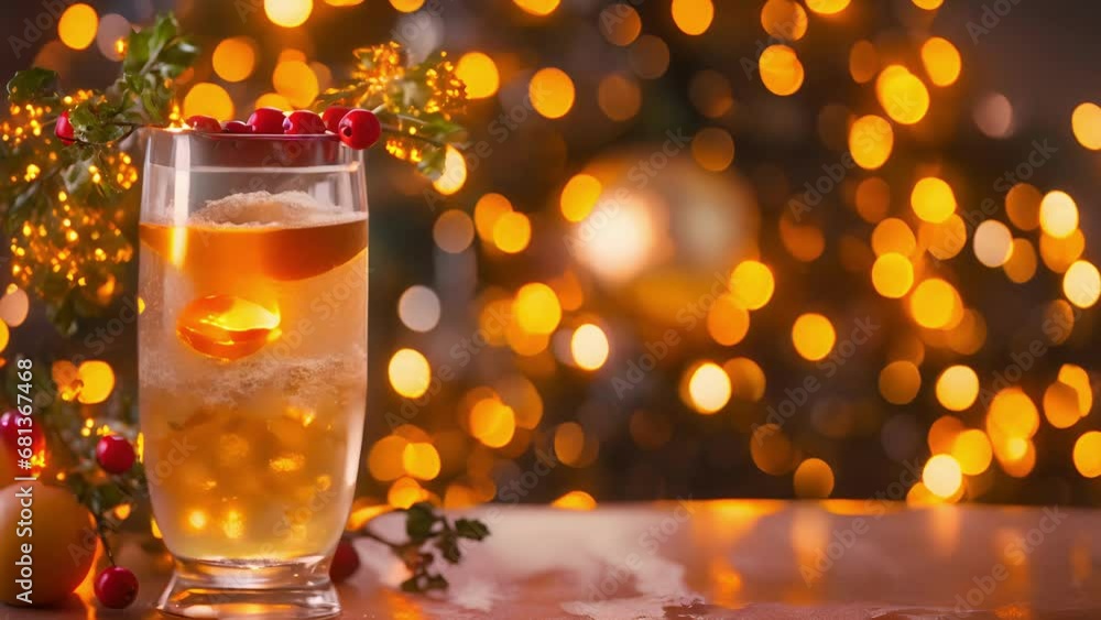 Golden bubbles in a tall glass of sparkling apple cider, with a festive garland of holly leaves and berries in the background. Golden bubbles in a tall glass of sparkling apple cider, with a festive garland of holly leaves and berries in the background.